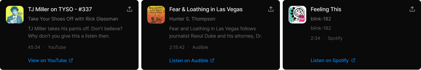 Media cards interface showing saved moments